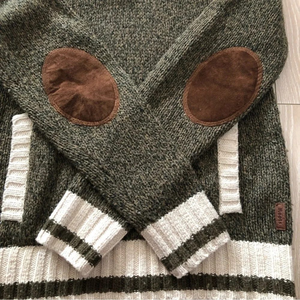 Roots Cabin Wool Blend Shawl Neck Elbow Patch Marled Sweater in Green Size S - Picture 3 of 12